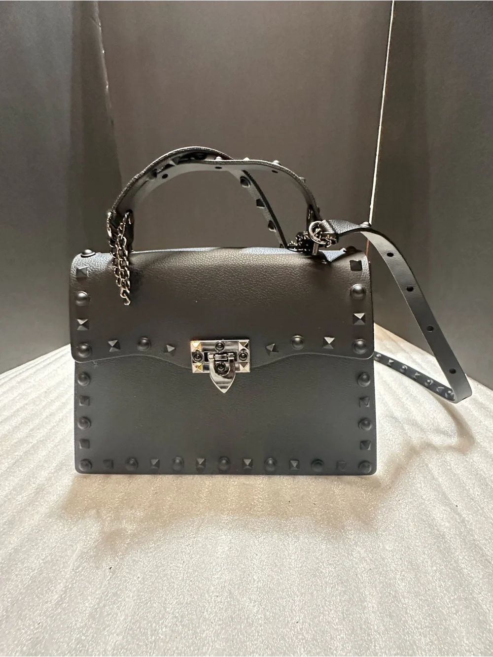 Black Studded Top-Handle Shoulder Bag - Elegant Everyday